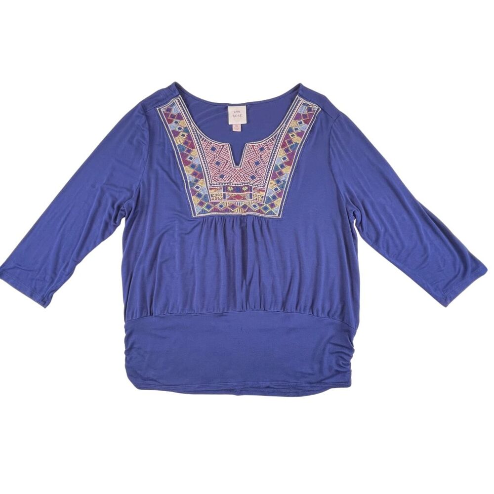 Knox Rose Blouse XL Dusty Blue Embroidered Yoke Smocked Hem Boho Chic Stitch Top